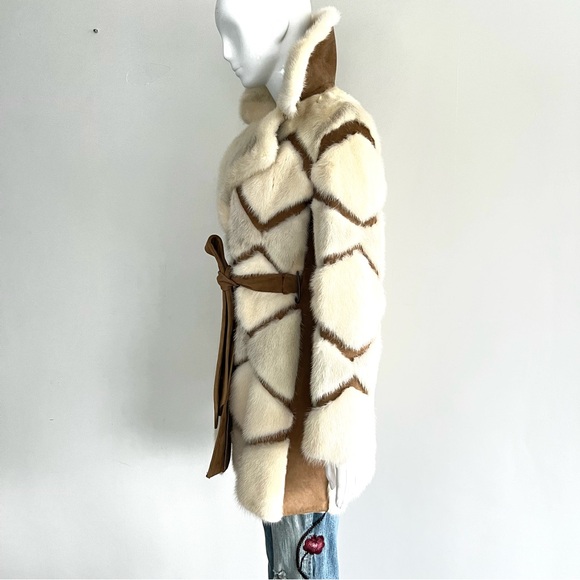 Genuine Geometric Cream w Light Gray Mink Tan Faux Suede Mid Jacket Coat Sz XS-M - Picture 4 of 15